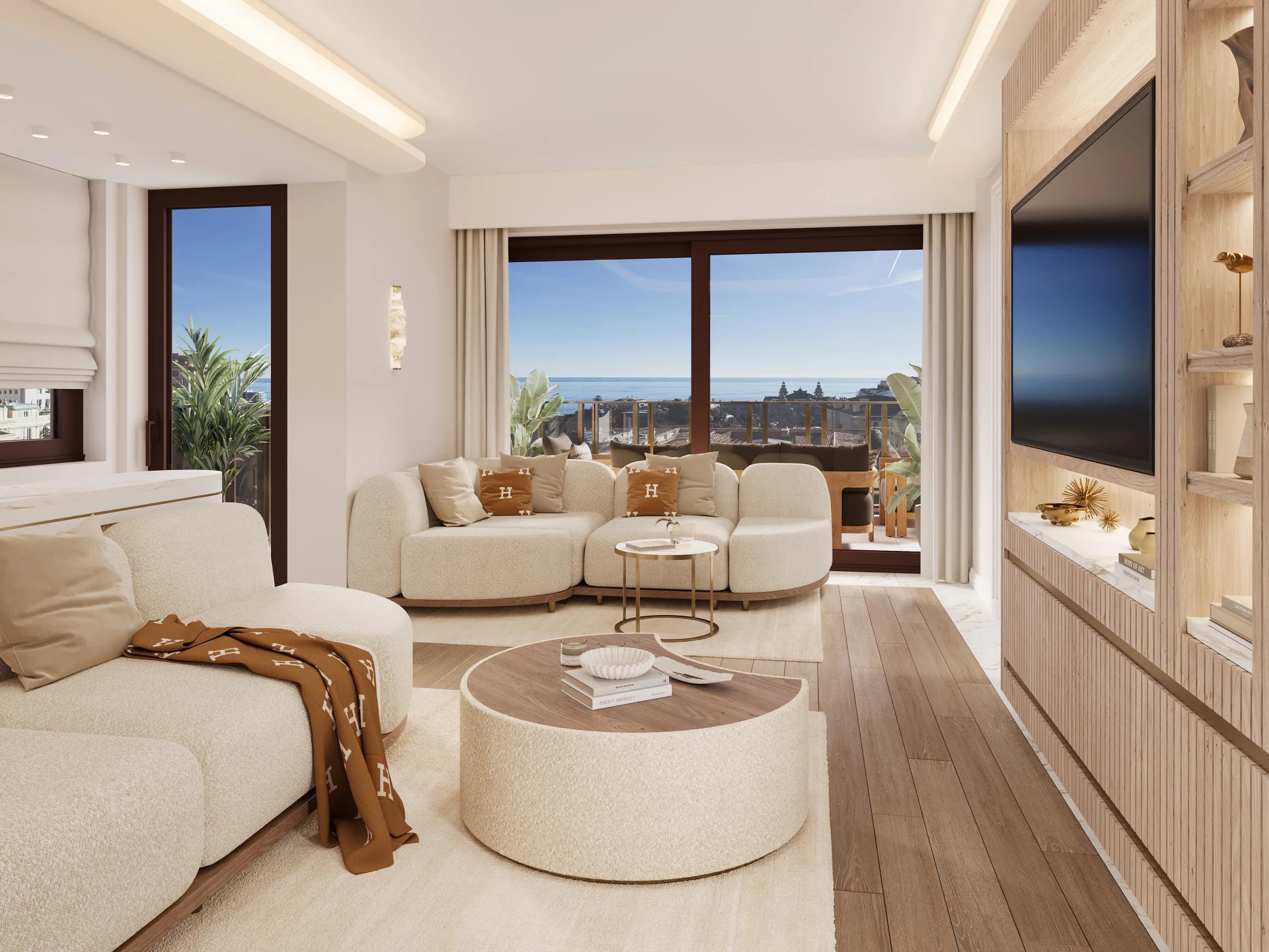 A lived-in Monaco sitting room, furnished and occupied, with the city through the window.